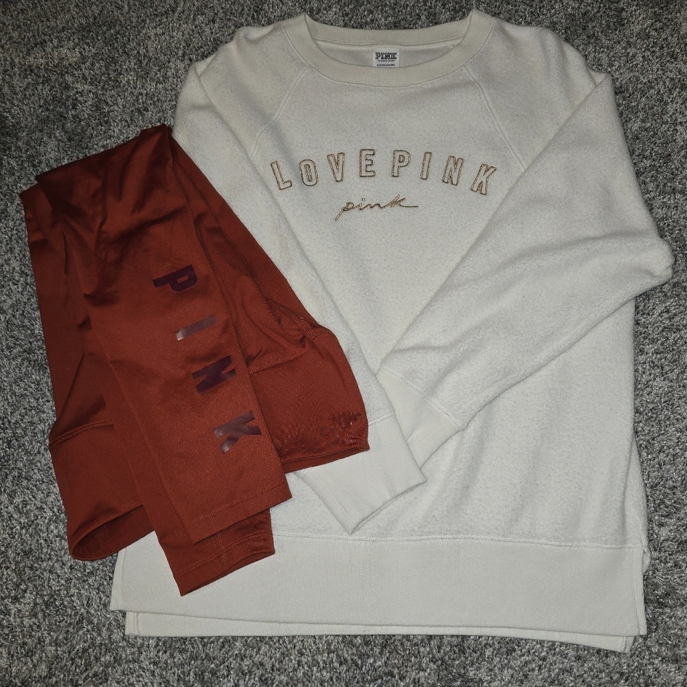 PINK Victoria's Secret Cream Crewneck Sweatshirt And Leggings Set